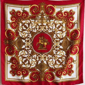 Hermes Les Tuileries Vintage Silk Carre Scarf in Red & Gold 36” x 36”/90 x 90 cm
